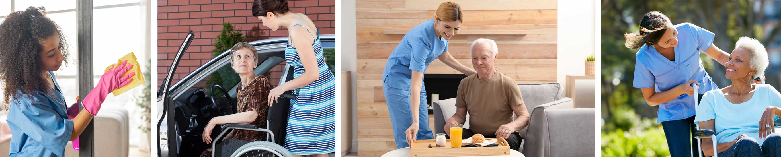 Four-photo collage representing private home health services: on the left, a caregiver cleans a glass door with gloves and a yellow cloth; next, a woman helps an elderly woman in a wheelchair exit a car; third, a nurse serves breakfast to an older man seated comfortably at home; and on the right, a smiling nurse walks outdoors with an elderly woman using a walker.